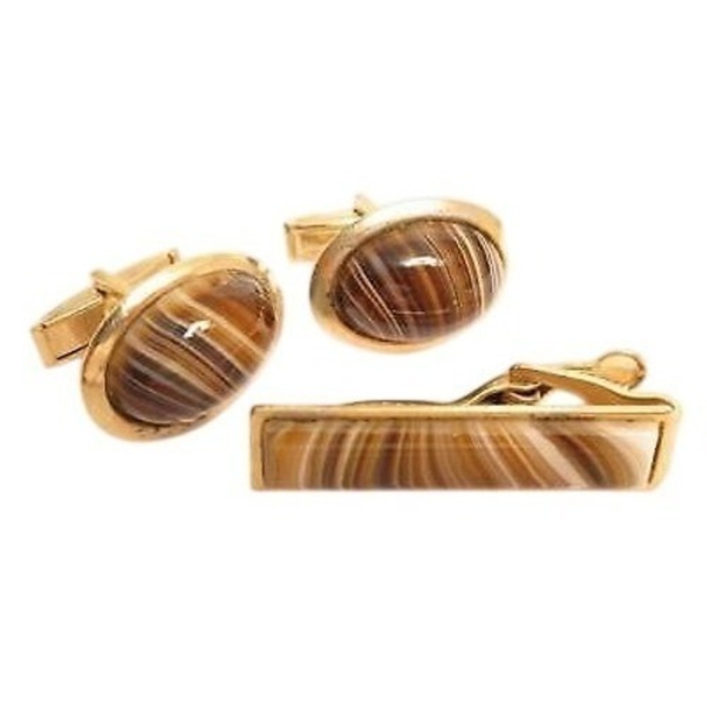 Vintage Striped Agate Banded Chalcedony Gemstone Cuff Links‎ Tie Clip Set
